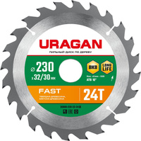 URAGAN Fast, 230 х 32/30 мм, 24Т, пильный диск по дереву (36800-230-32-24)