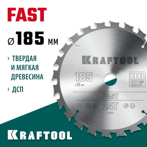 KRAFTOOL Fast, 185 х 20 мм, 24Т, пильный диск по дереву (36950-185-20)