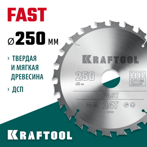 KRAFTOOL Fast, 250 х 30 мм, 24Т, пильный диск по дереву (36950-250-30)