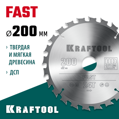 KRAFTOOL Fast, 200 х 32 мм, 24Т, пильный диск по дереву (36950-200-32)