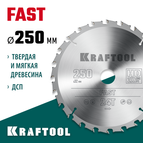 KRAFTOOL Fast, 250 х 32 мм, 24Т, пильный диск по дереву (36950-250-32)