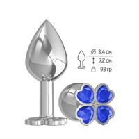 СУМЕРКИ БОГОВ - Средняя серебристая анальная втулка с клевером из кристаллов - 8,5х3.4 см (синий)
