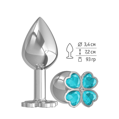 СУМЕРКИ БОГОВ - Средняя серебристая анальная втулка с клевером из кристаллов - 8,5х3.4 см (голубой)