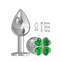 СУМЕРКИ БОГОВ - Средняя серебристая анальная втулка с клевером из кристаллов - 8,5х3.4 см (зеленый)