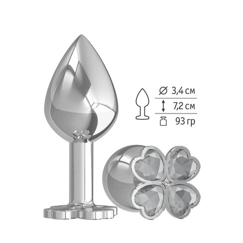 СУМЕРКИ БОГОВ - Средняя серебристая анальная втулка с клевером из кристаллов - 8,5х3.4 см (прозрачный)