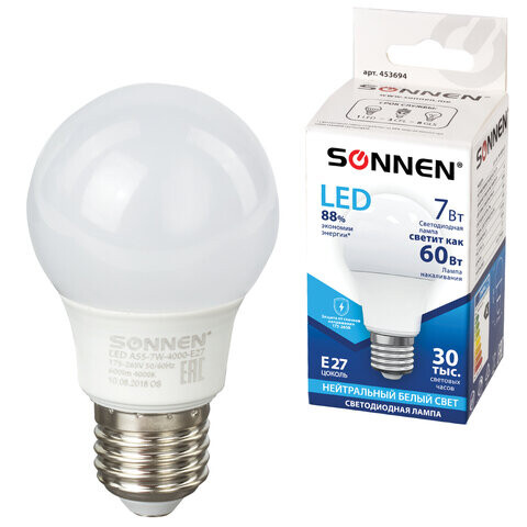 Лампа светодиодная SONNEN 7 60 Вт цоколь Е27 груша нейтральный белый свет 30000 ч LED A55-7W-4000-E27 453694
