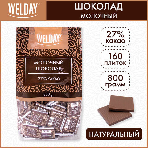 Шоколад порционный WELDAY Молочный 27% 800 г 160 плиток по 5 г пакет